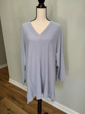 Eileen Fisher Periwinkle Blue V-Neck Sweater Organic Cotton Nylon Silk XL